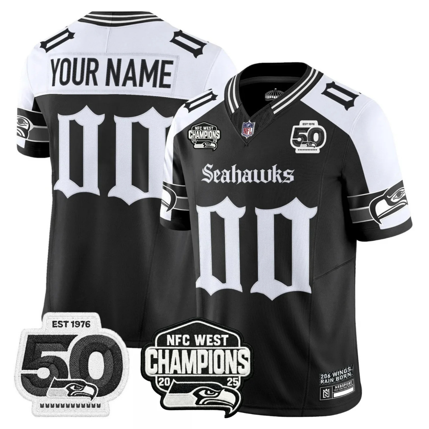 SEA 50th & NFC West Champions Patch Gothic Edition Custom Jersey - All Stitched