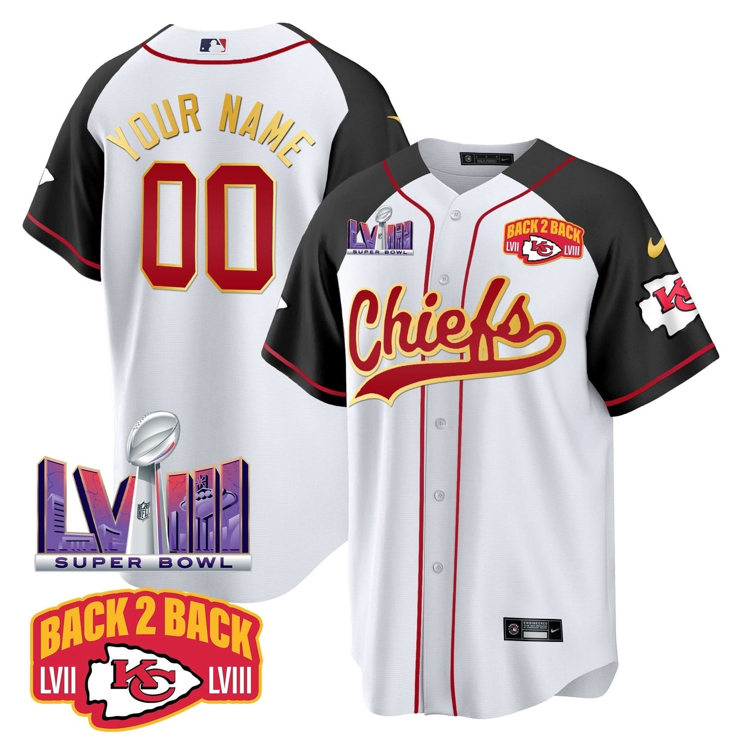 KC Super Bowl LVIII & Back 2 Back Patch Baseball Custom Jersey - All Stitched