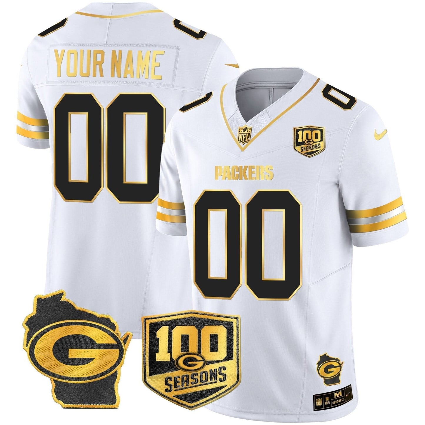 Packers 100th Season & Home Patch Gold Vapor Limited Custom Jersey - All Stitched