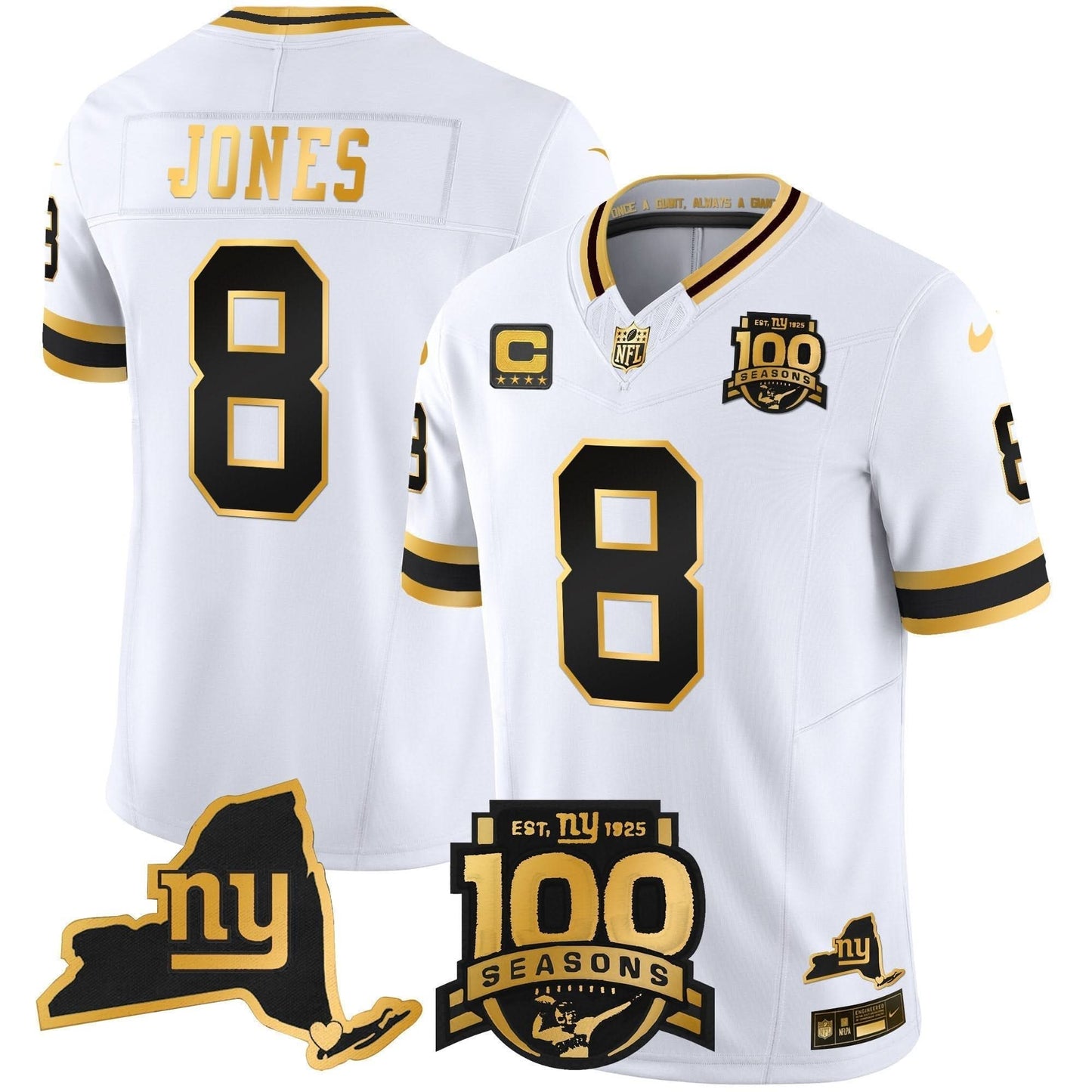 NYG 100th Season & State Patch Gold Vapor Limited Jersey - All Stitched