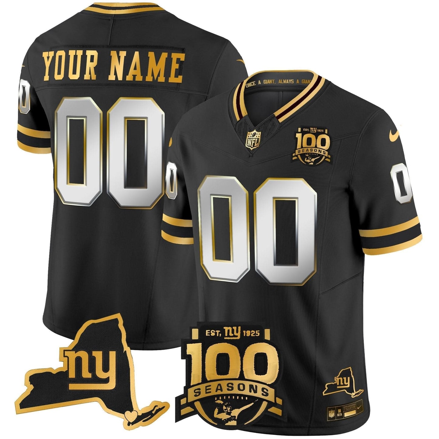 NYG 100th Season & State Patch Gold Vapor Limited Custom Jersey - All Stitched