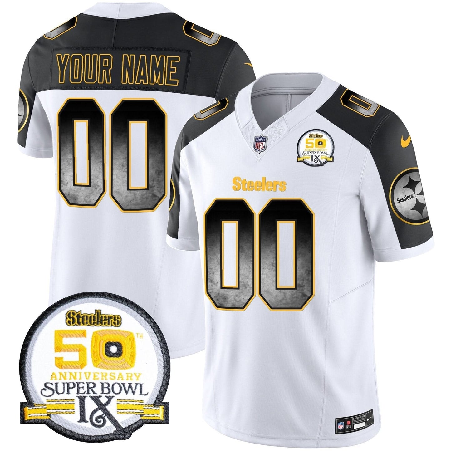 Steelers Arch Smoke 50th Anniversary Of Super Bowl IX Patch Vapor Limited Custom Jersey - All Stitched