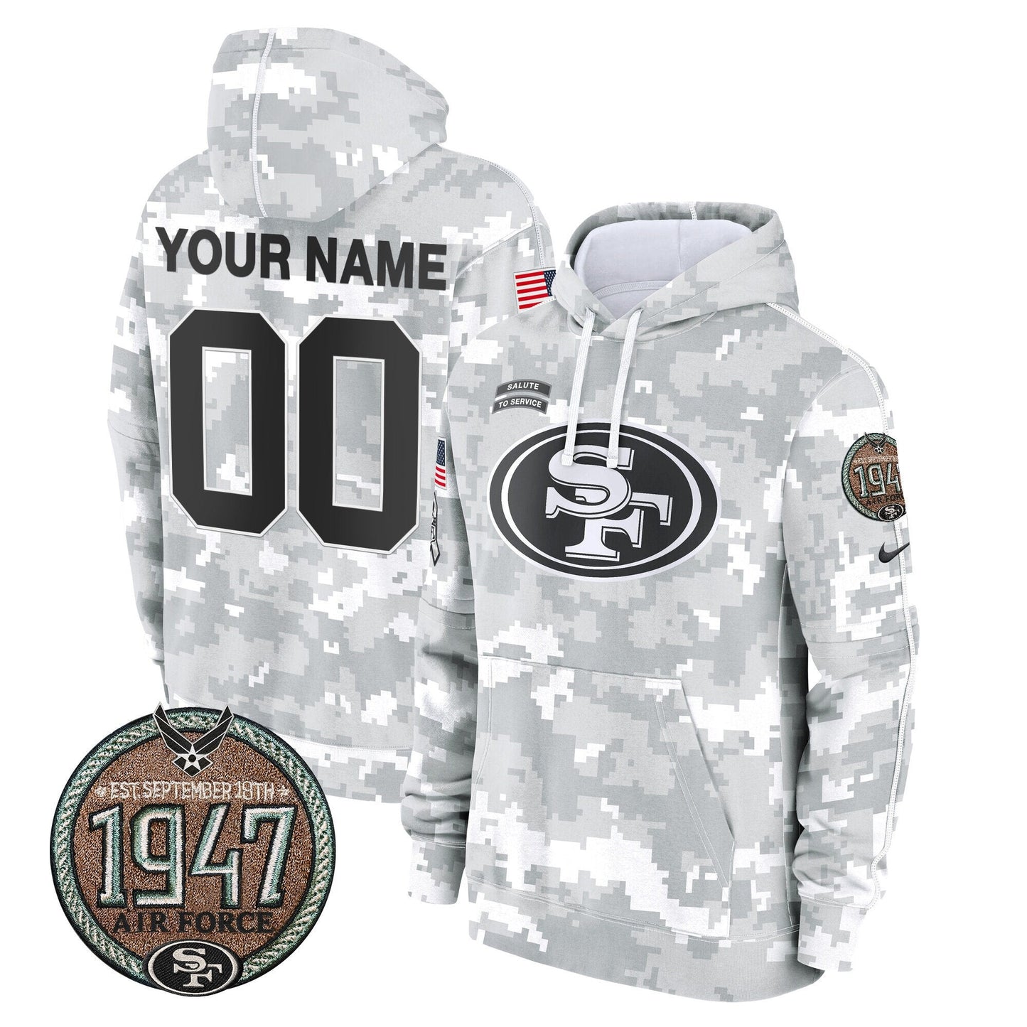 49ers 2024 Salute to Service Establishment Year Patch Custom Fleece Pullover Hoodie