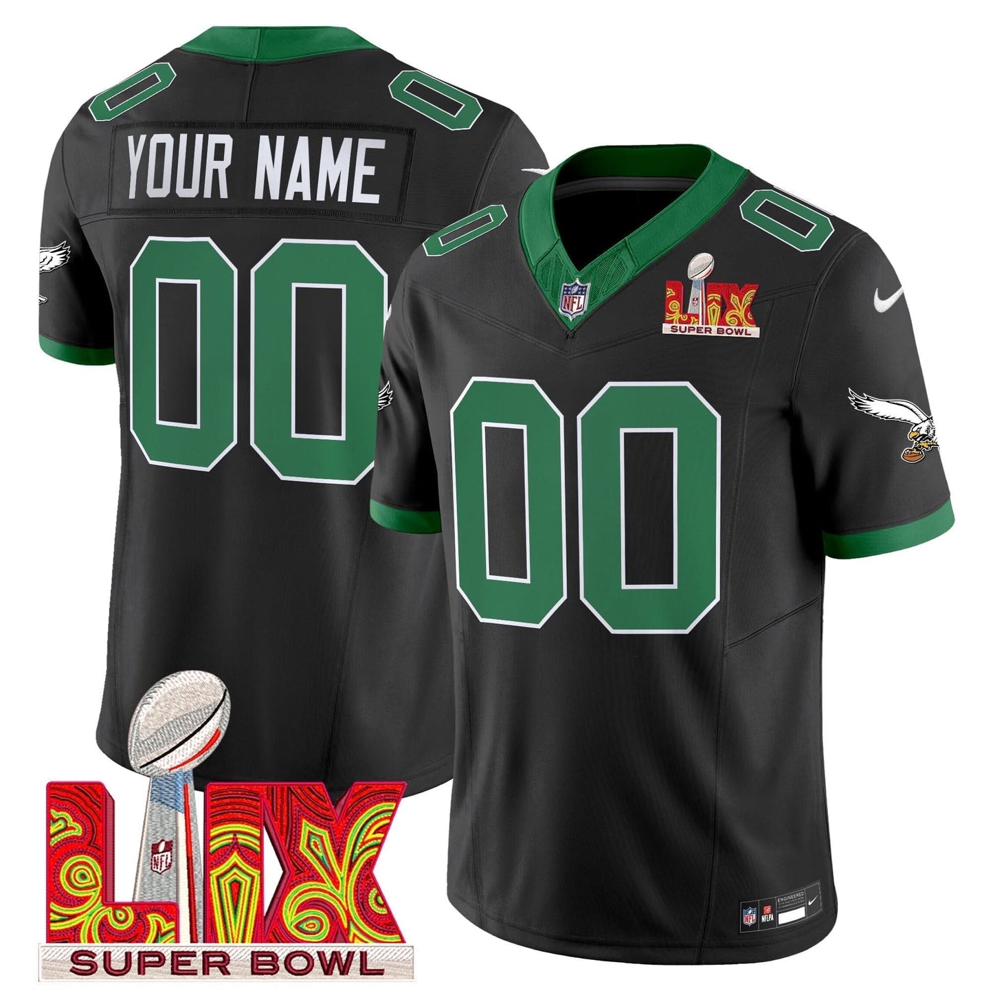 PE Kelly Green Super Bowl LIX Patch Vapor Limited Custom Jersey - All Stitched