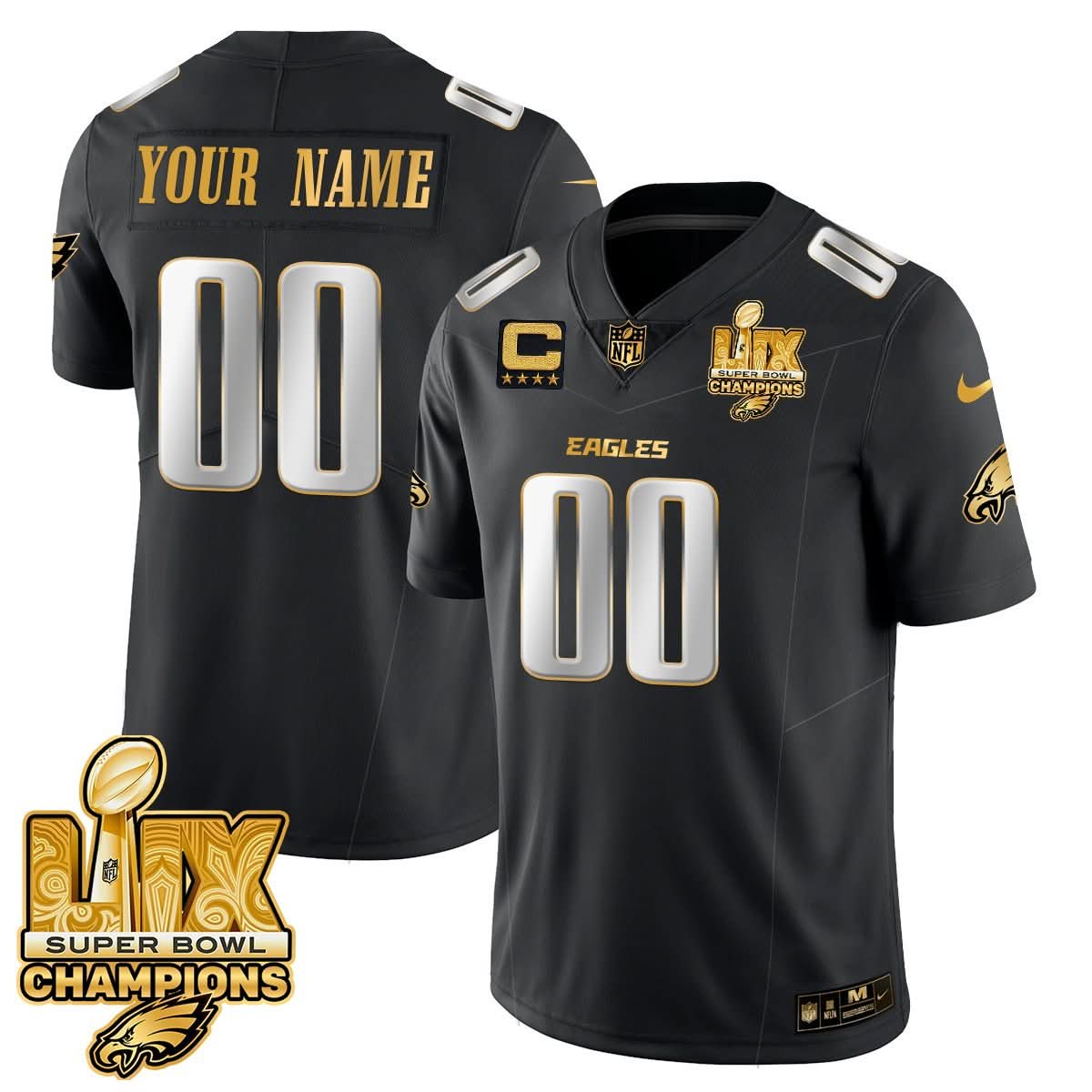 Custom Name/Gender PE Super Bowl LIX Champions Gold Trim Vapor Limited Jersey - All Stitched