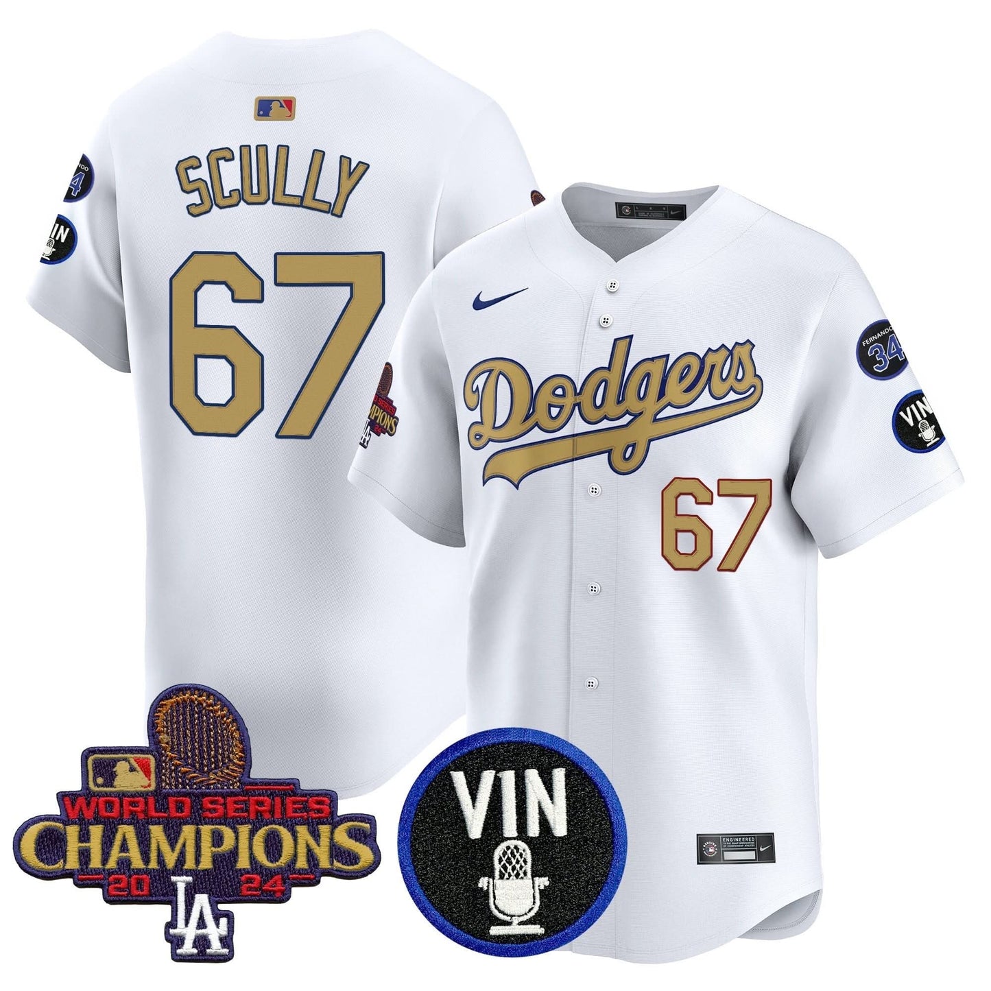 Men's Dodgers 2025 Vin Scully & #34 Fernando Patch Gold Vapor Premier Limited Jersey - All Stitched