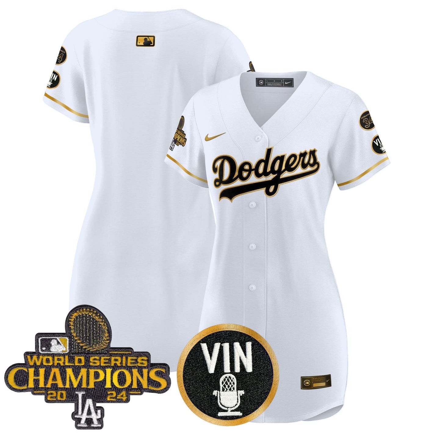 Women's Dodgers 2025 Vin Scully & #34 Fernando Patch Gold Baseball Dress - All Stitched