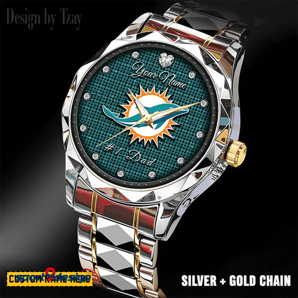 Miami Dolphins #1 Dad Luxury Diamond Men Watch Father's Day Gift