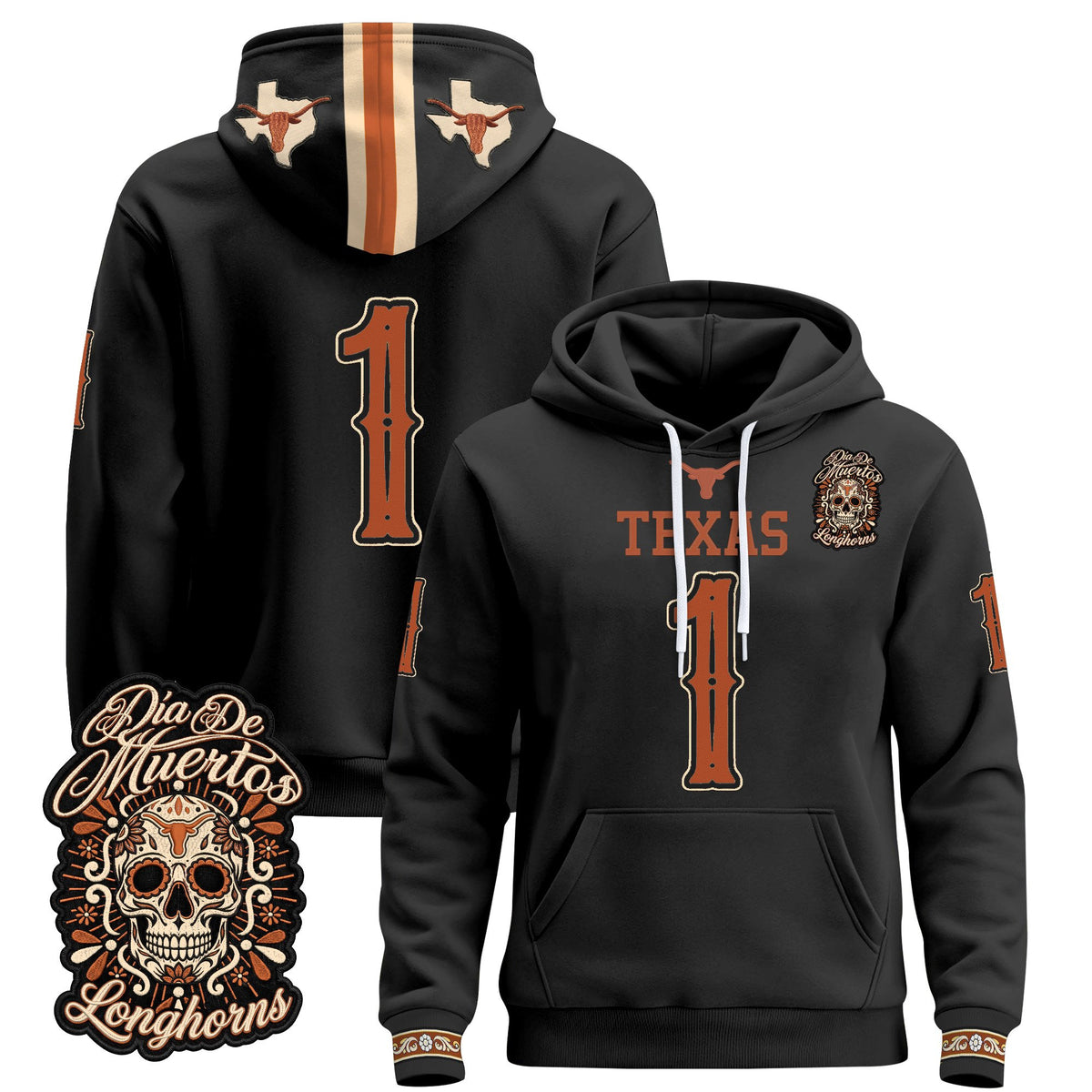 Texas Longhorns Día de los Muertos Premium Fleece Hoodie - Printed