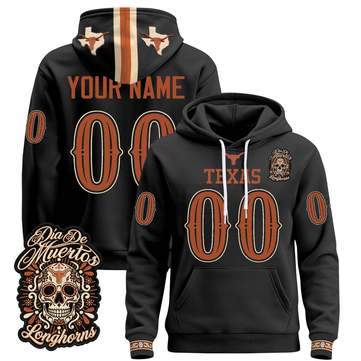 Texas Longhorns Día de los Muertos Premium Custom Fleece Hoodie - Printed