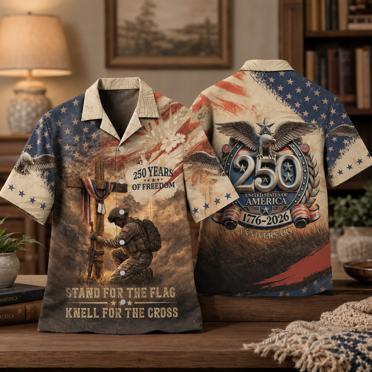 America 250th Anniversary Toile De Jouy Style Patriotic Hawaiian Shirt