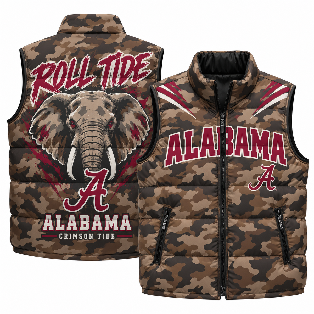 Alabama Crimson Tide 2026 Military Appreciation Camo Puffer Vest - Printed