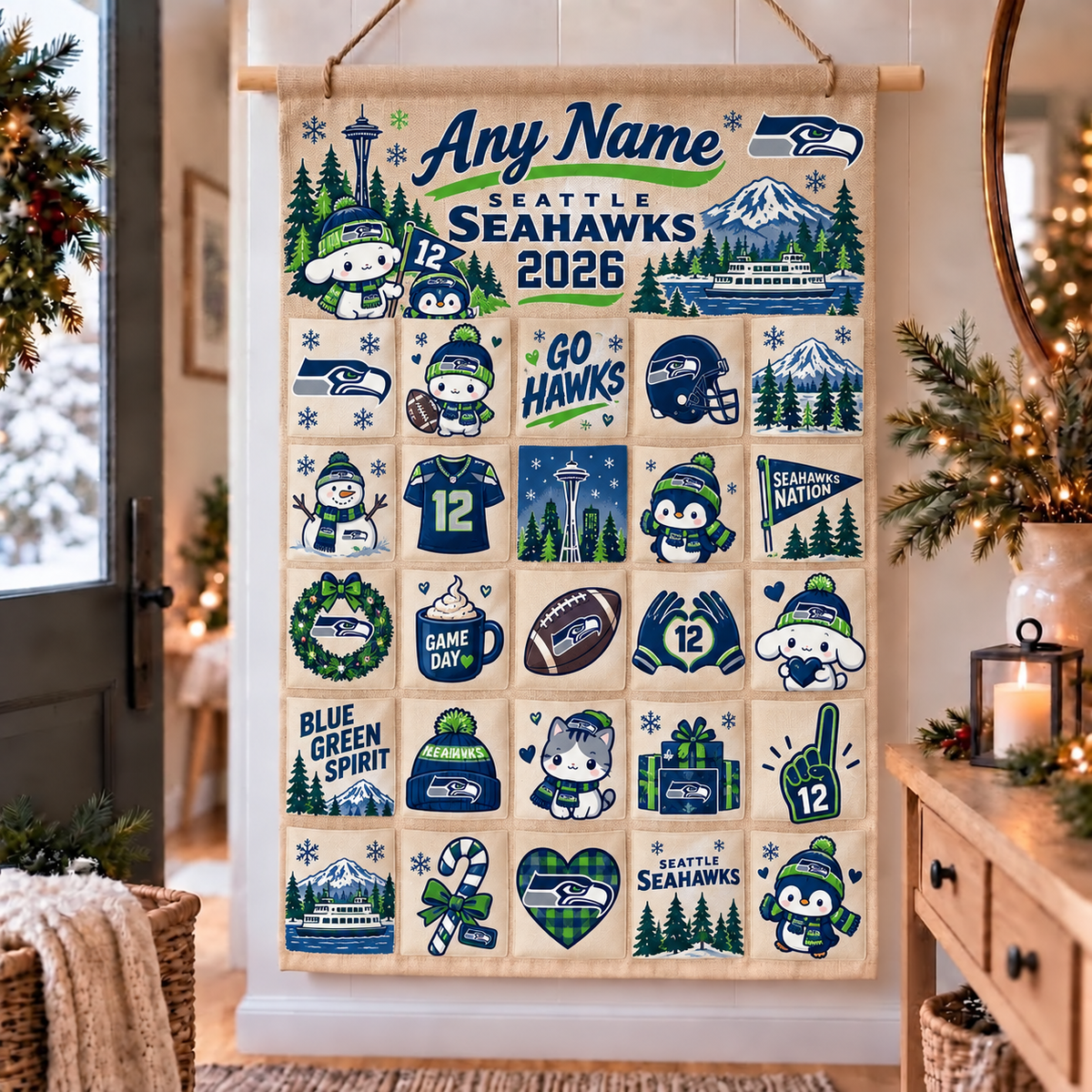 Seattle Seahawks Christmas x Santorini Friends Custom Wall Advent Calendar - Printed
