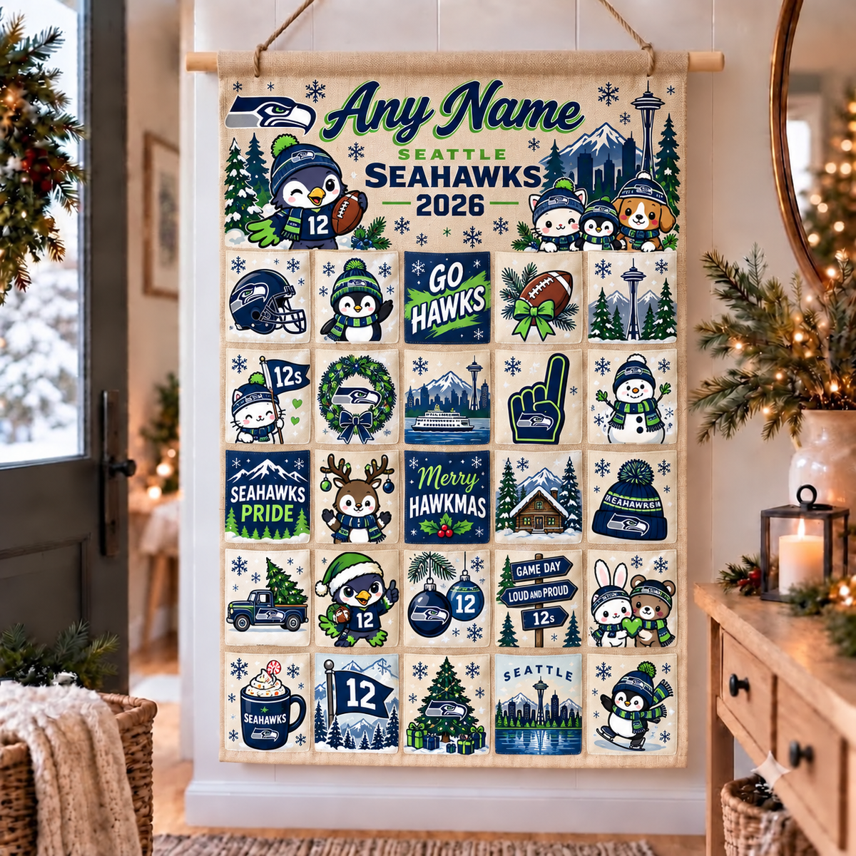 Seattle Seahawks Christmas x Santorini Friends Custom Wall Advent Calendar - Printed V3