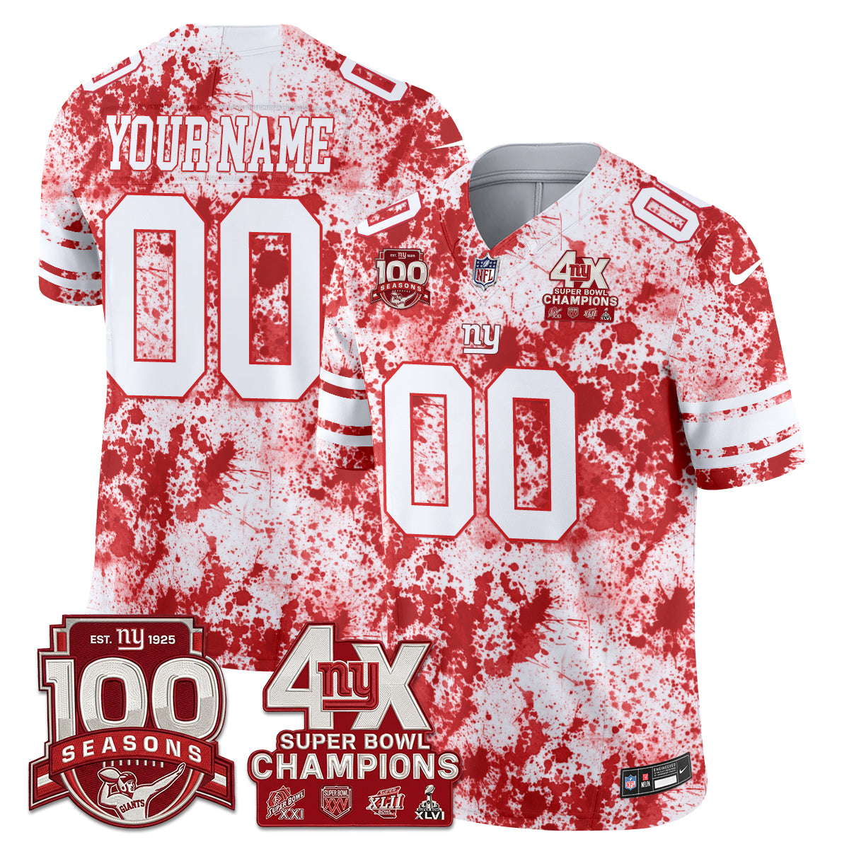 NYG 4X Champs Blood Splash Edition Vapor Custom Jersey - Stitched