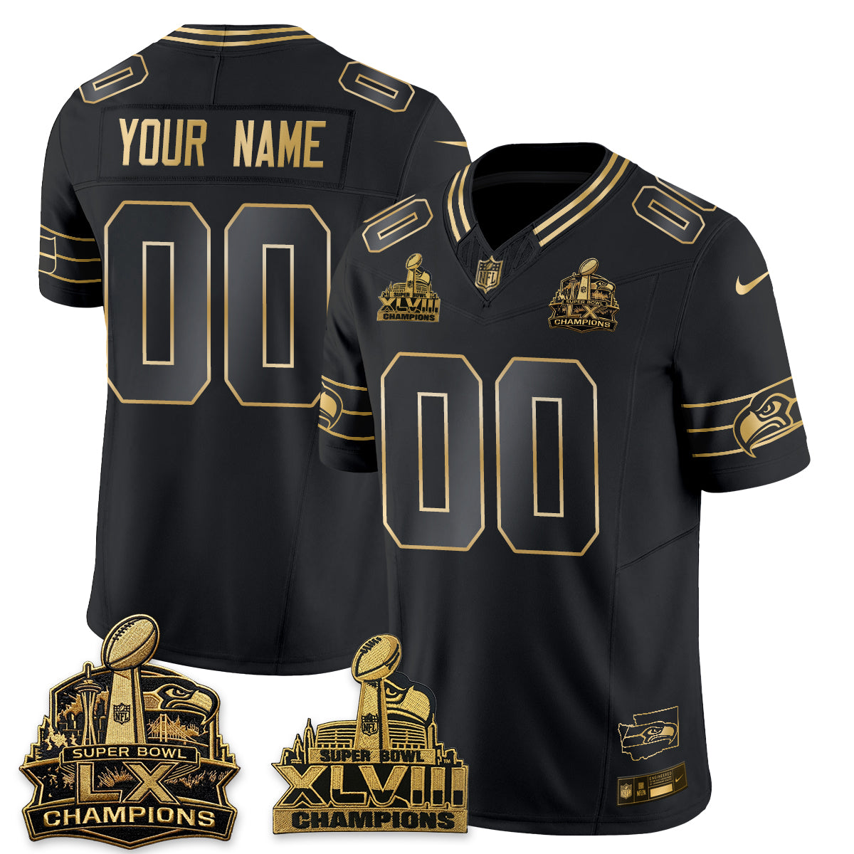 SEA S.Bowl Champions Patch Vapor Custom Jersey - Stitched