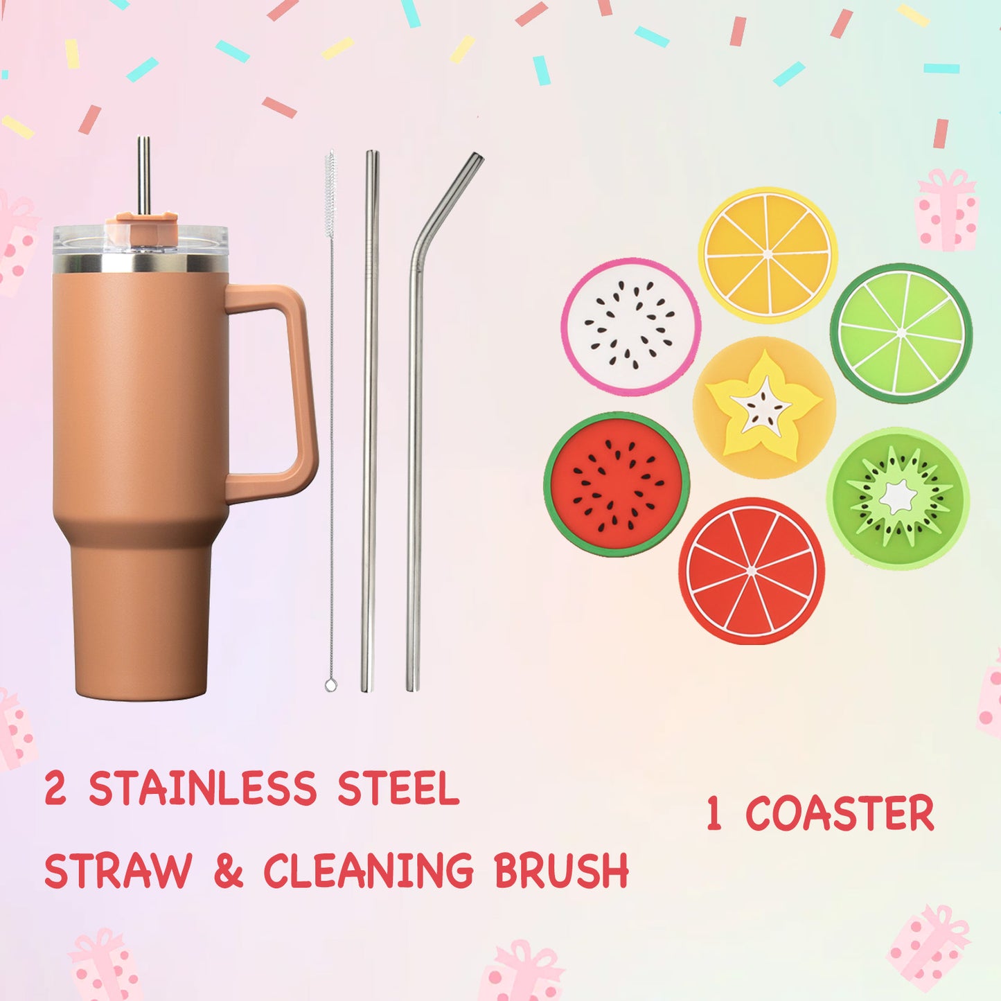 Combo 2 Stainless Steel Straw, Cleaning Brush & 1 Coaster