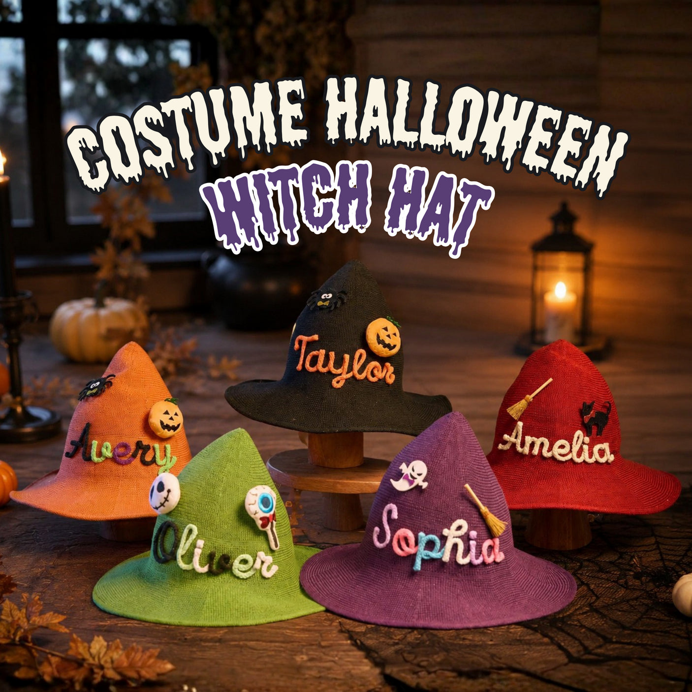 Personalized Halloween Witch Hat with Custom Name & Charm