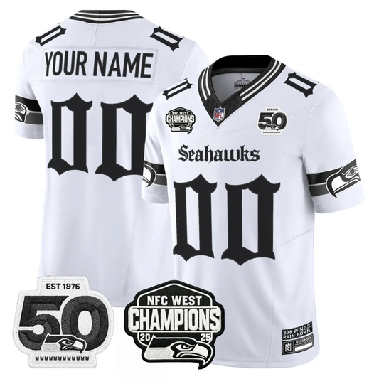 SEA 50th & NFC West Champions Patch Gothic Edition Custom Jersey - All Stitched