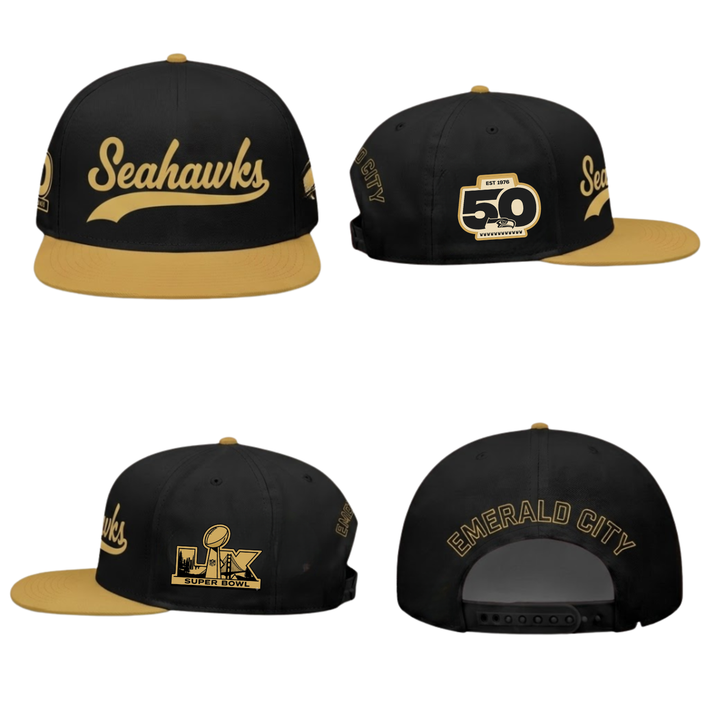 Seattle Seahawks SB LX Champs Gold Edition Snapback Cap - Printed