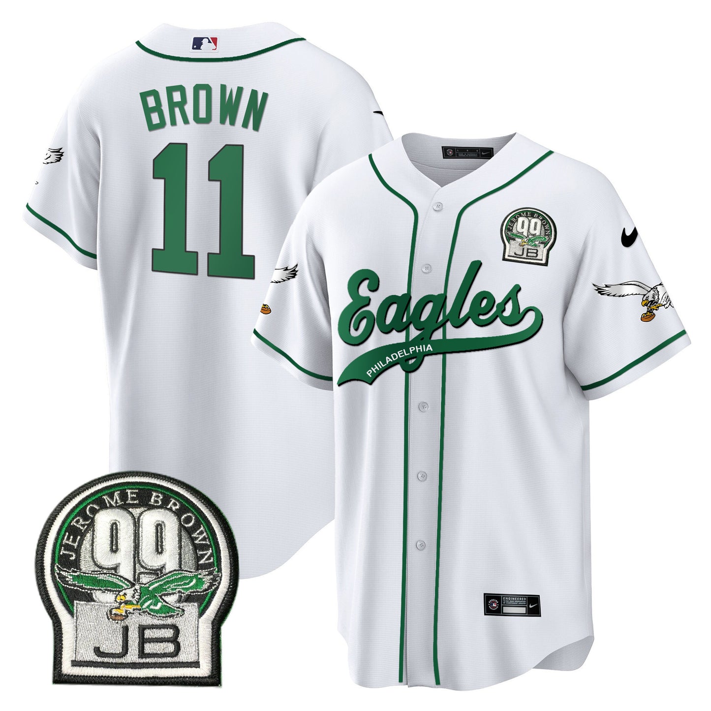 Eagles Jerome Brown Retired Patch Kelly Green Baseball Jersey - All Stitched