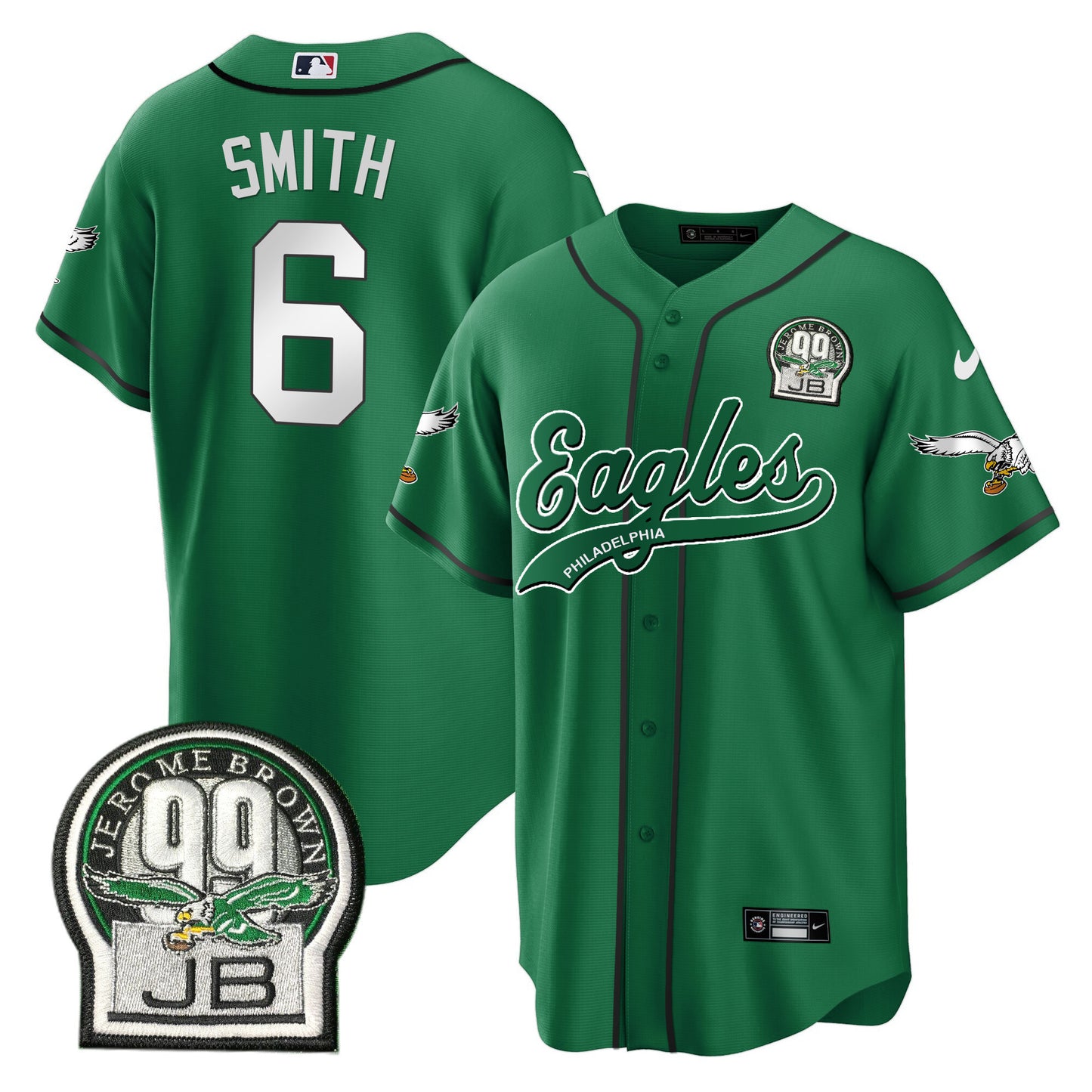 Eagles Jerome Brown Retired Patch Kelly Green Baseball Jersey - All Stitched