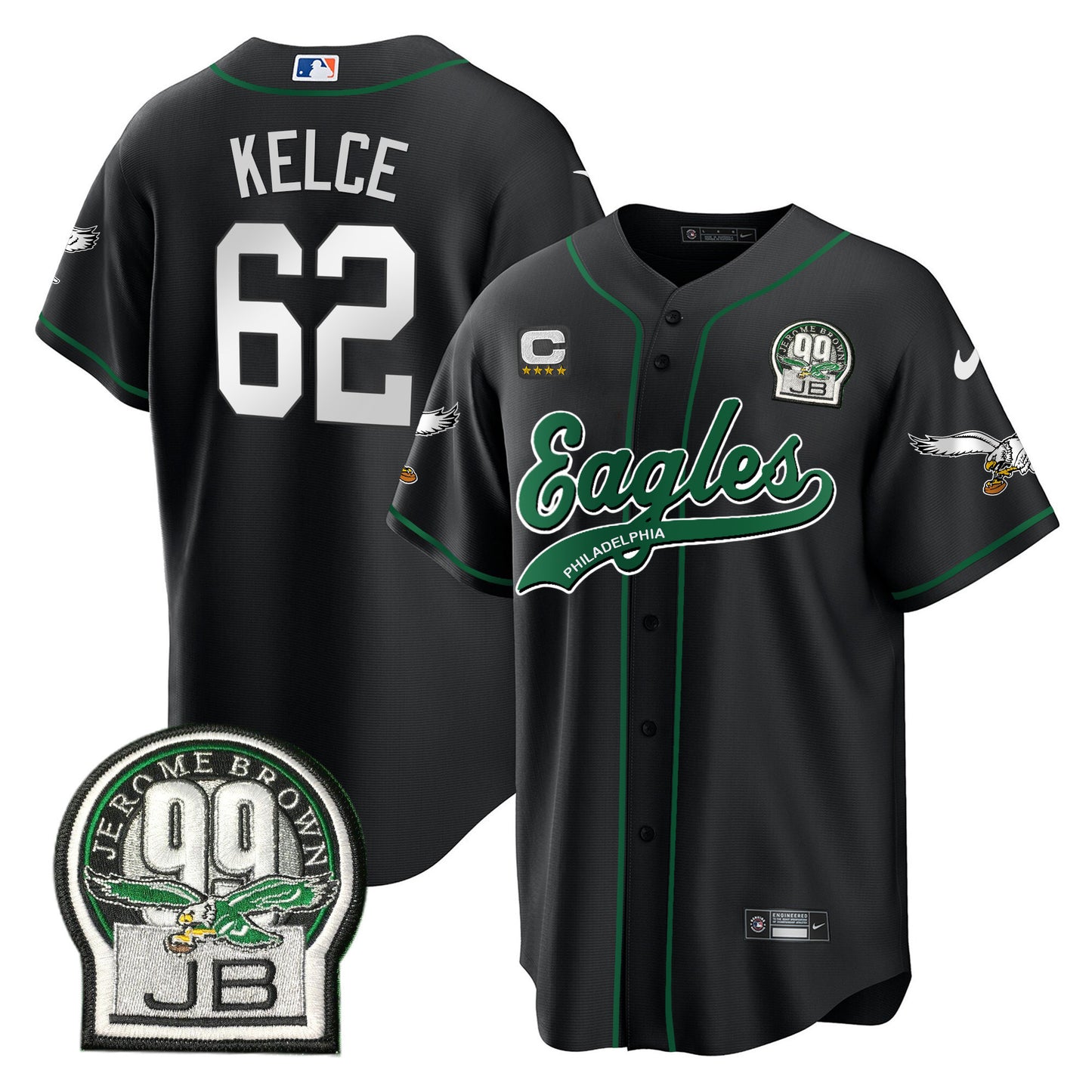 Eagles Jerome Brown Retired Patch Kelly Green Baseball Jersey - All Stitched