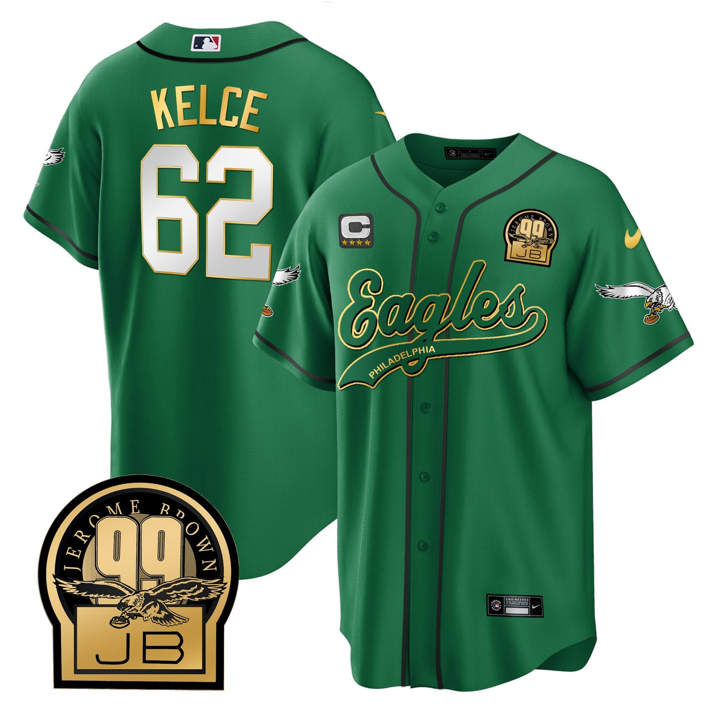 Eagles Jerome Brown Retired Patch Kelly Green Baseball Jersey - All Stitched