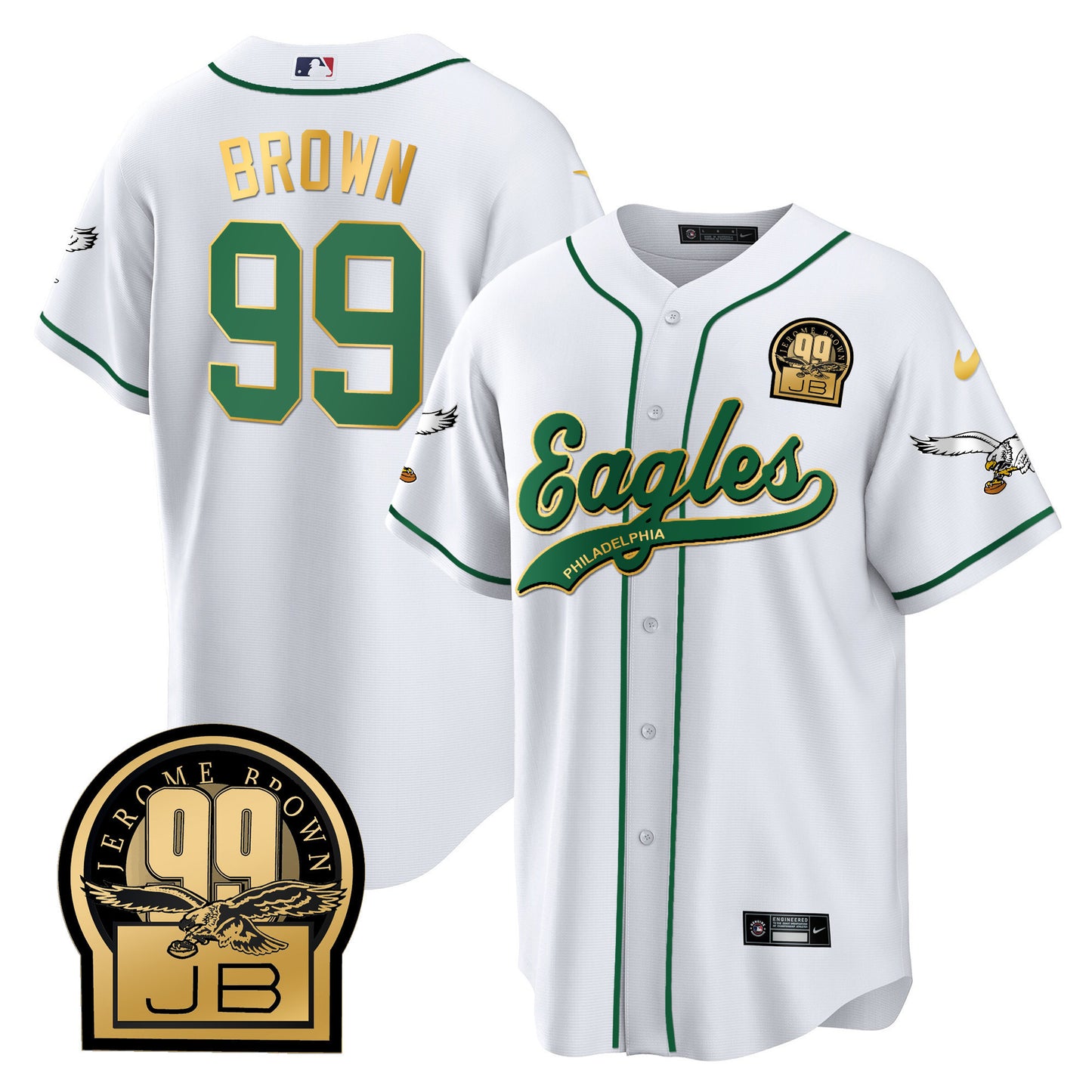 Eagles Jerome Brown Retired Patch Kelly Green Baseball Jersey - All Stitched