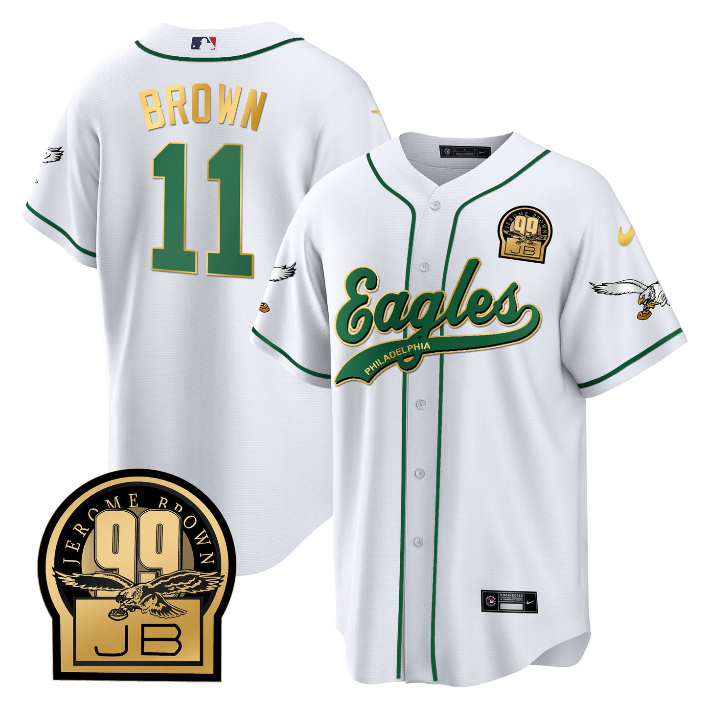 Eagles Jerome Brown Retired Patch Kelly Green Baseball Jersey - All Stitched