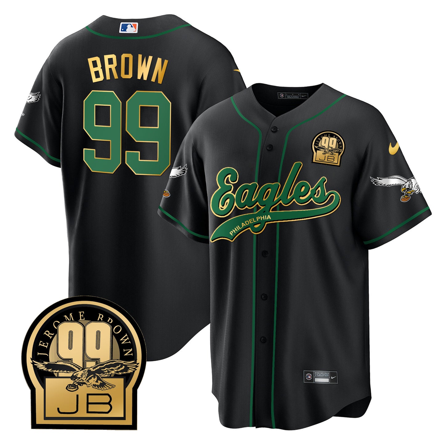 Eagles Jerome Brown Retired Patch Kelly Green Baseball Jersey - All Stitched