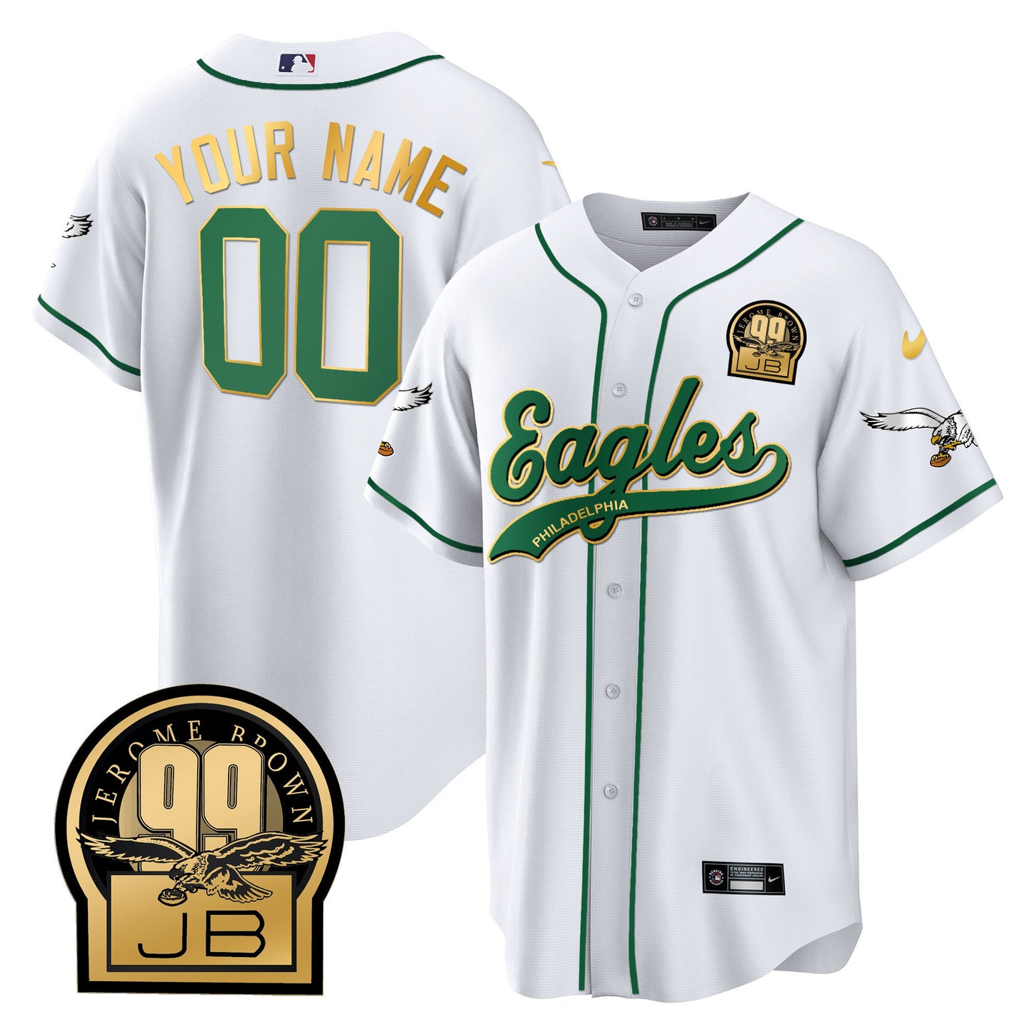 Eagles Jerome Brown Retired Patch Kelly Green Baseball Custom Jersey - All Stitched