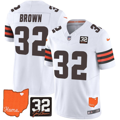 Men's Browns #32 Jim Brown Memorial & Home Patch Vapor Limited Jersey - All Stitched