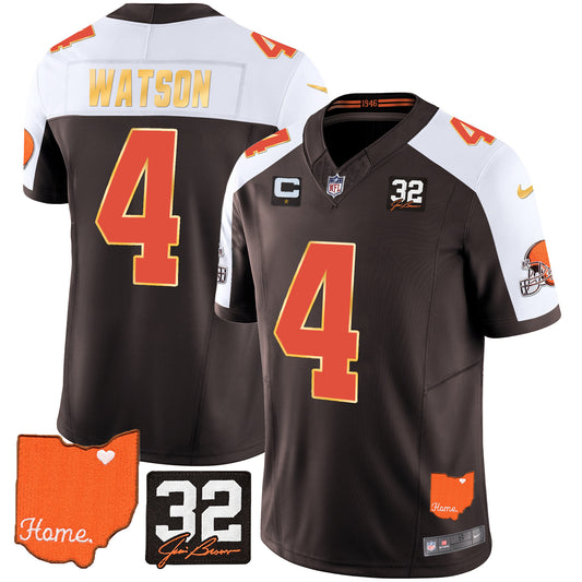 Browns #32 Jim Brown Memorial & Home Patch Gold Trim Jersey - All Stitched