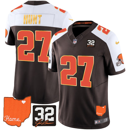 Browns #32 Jim Brown Memorial & Home Patch Gold Trim Jersey - All Stitched