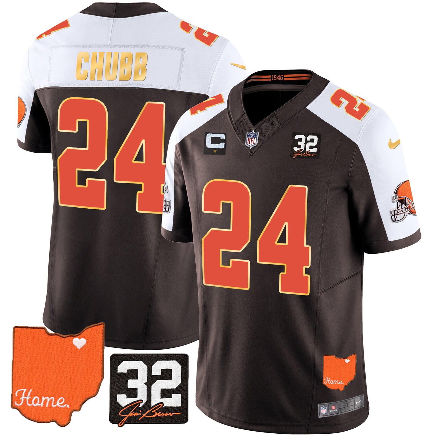 Browns #32 Jim Brown Memorial & Home Patch Gold Trim Jersey - All Stitched