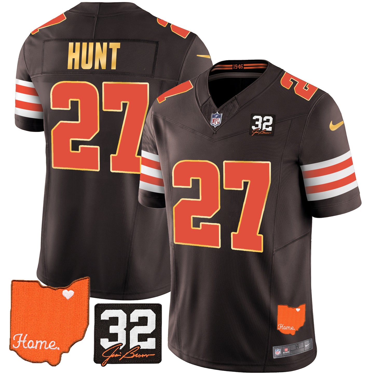 Browns #32 Jim Brown Memorial & Home Patch Gold Trim Jersey - All Stitched