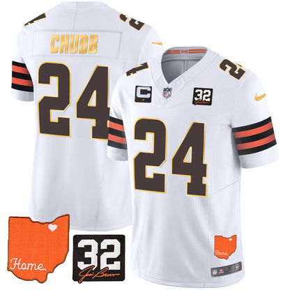 Browns #32 Jim Brown Memorial & Home Patch Gold Trim Jersey - All Stitched