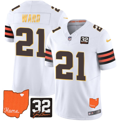 Browns #32 Jim Brown Memorial & Home Patch Gold Trim Jersey - All Stitched