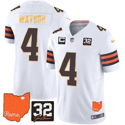 Browns #32 Jim Brown Memorial & Home Patch Gold Trim Jersey - All Stitched