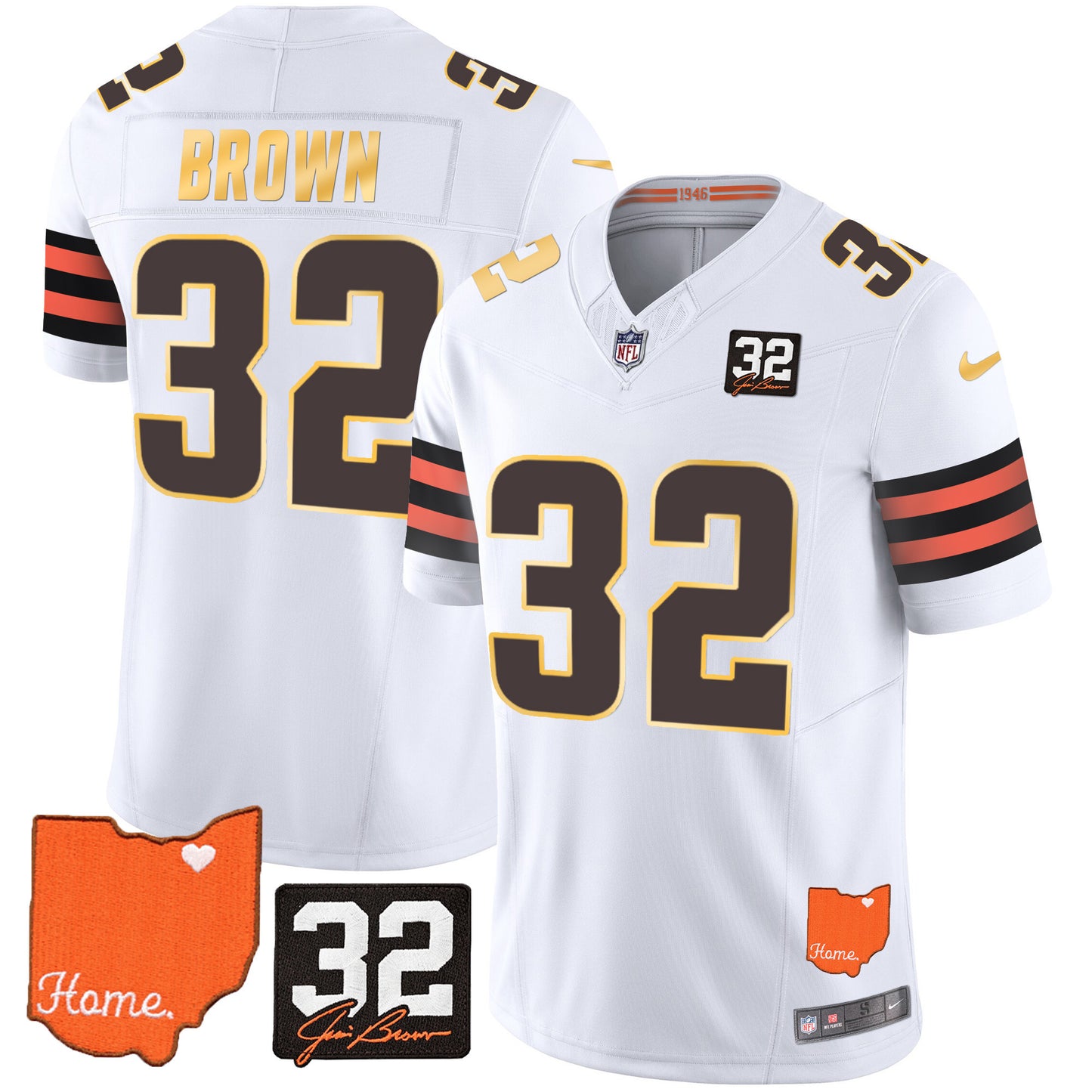 Browns #32 Jim Brown Memorial & Home Patch Gold Trim Jersey - All Stitched