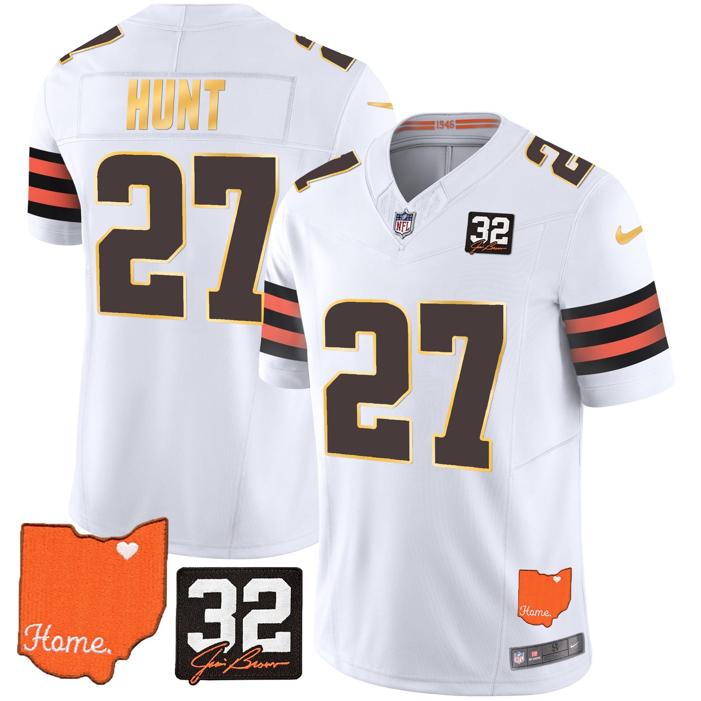 Browns #32 Jim Brown Memorial & Home Patch Gold Trim Jersey - All Stitched