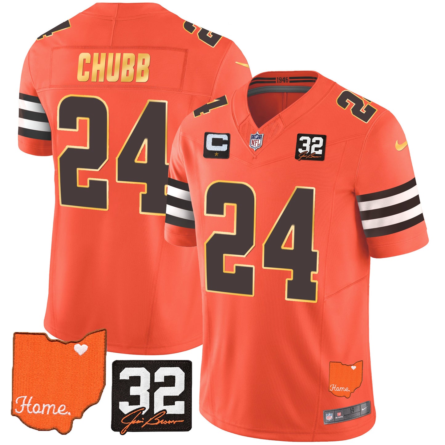 Browns #32 Jim Brown Memorial & Home Patch Gold Trim Jersey - All Stitched