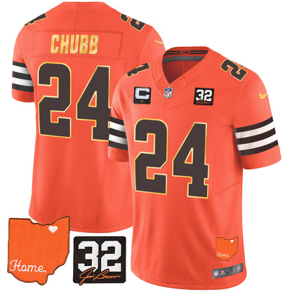 Browns #32 Jim Brown Memorial & Home Patch Gold Trim Jersey - All Stitched