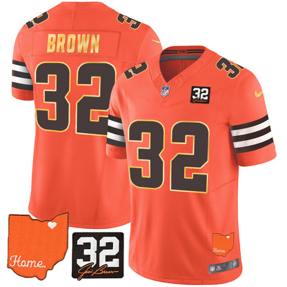 Browns #32 Jim Brown Memorial & Home Patch Gold Trim Jersey - All Stitched