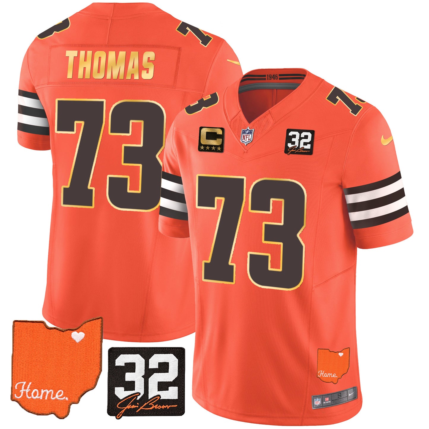 Browns #32 Jim Brown Memorial & Home Patch Gold Trim Jersey - All Stitched