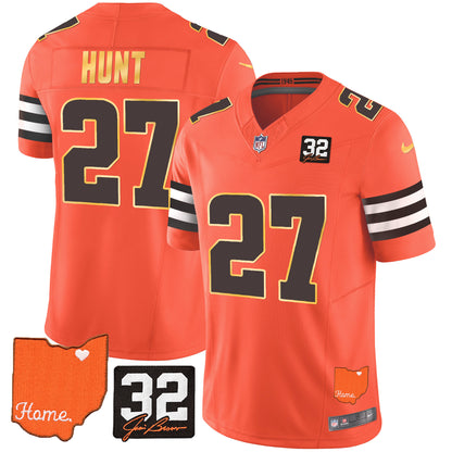 Browns #32 Jim Brown Memorial & Home Patch Gold Trim Jersey - All Stitched