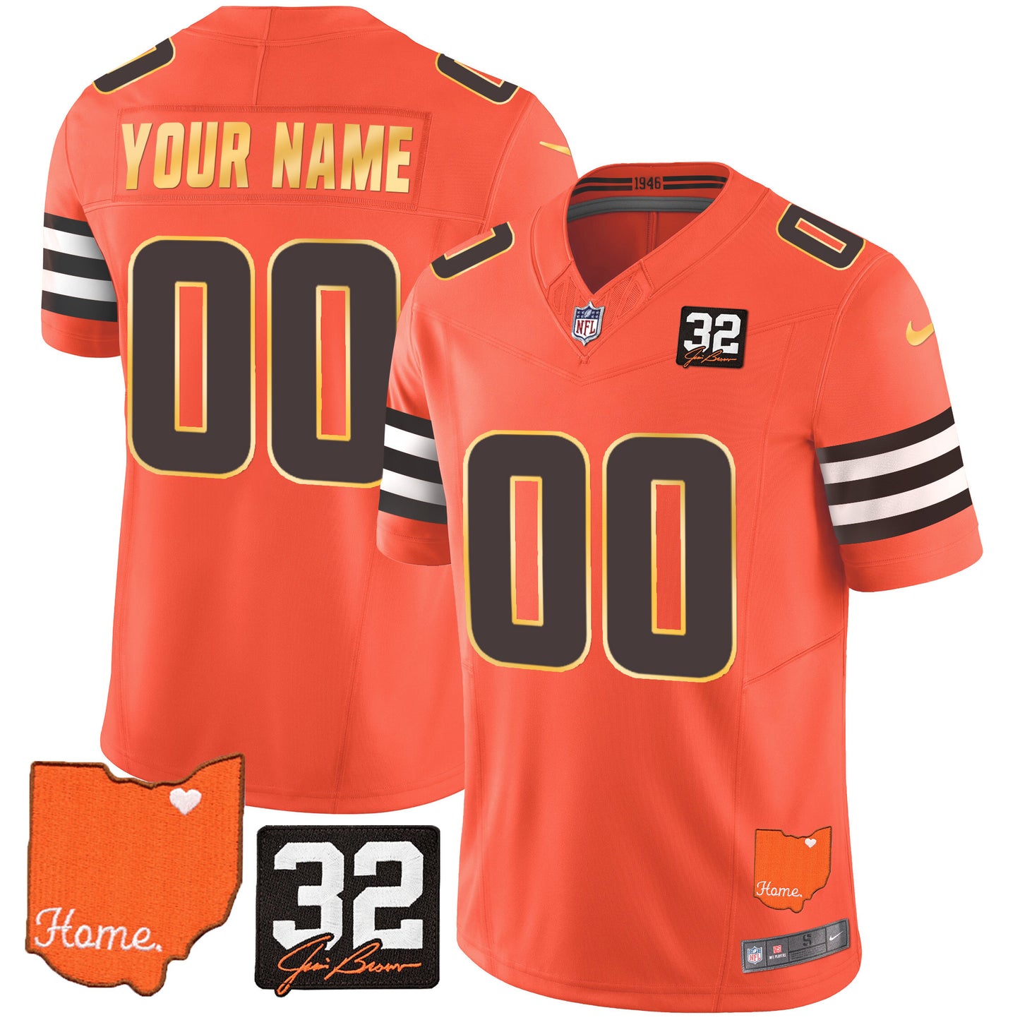 Browns #32 Jim Brown Memorial & Home Patch Gold Trim Custom Jersey - All Stitched