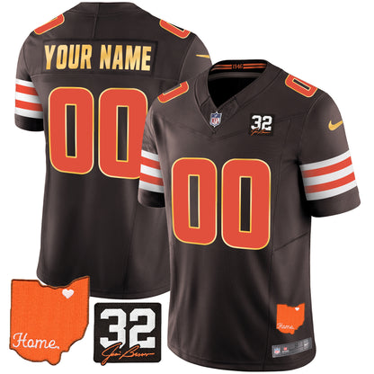 Browns #32 Jim Brown Memorial & Home Patch Gold Trim Custom Jersey - All Stitched