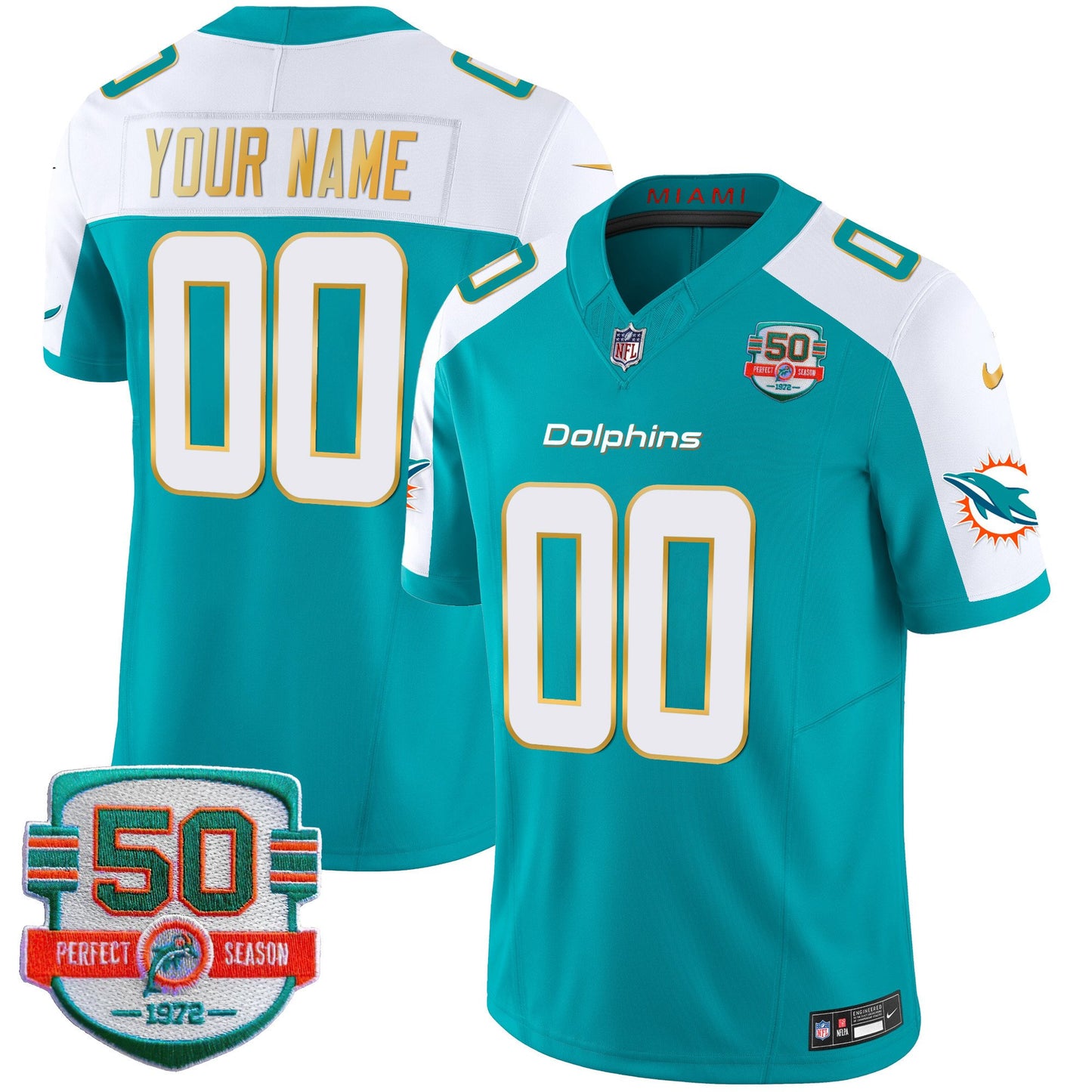 Dolphins Gold Trim Vapor Limited Custom Jersey - All Stitched